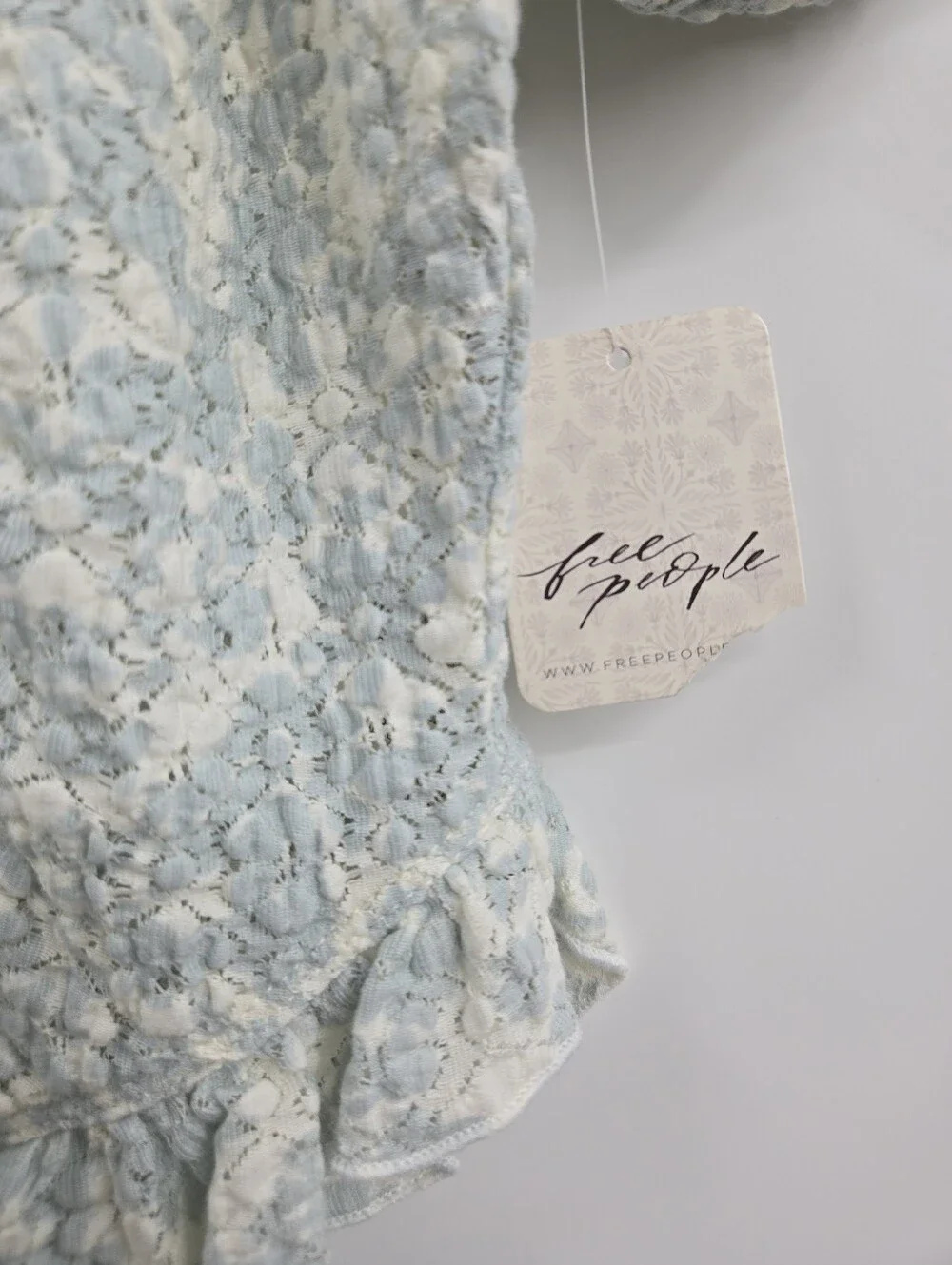 Free People Oh Baby Lace Top Light Blue Floral Puff Sleeve Peasant